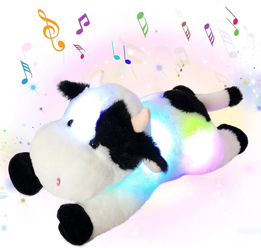 Cuteoy Glowing LED Cow Light-up Nightlight Toys Musical Plush Stuffed Animal Soft Singing Lullabies Birthday Christmas Plushies Gifts for Kids Boys Girls,15.5"
