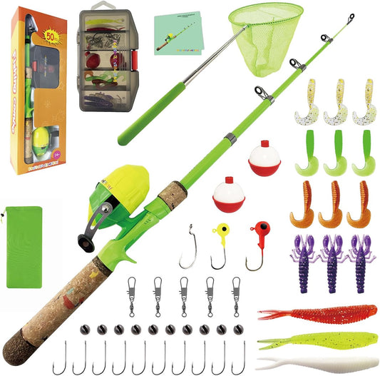 Kids Fishing Pole Set, Kids Fishing Rod and Reel Combo and Fishing Net Tackle Box with Fishing Lures Hooks and Bag for Boy, Girl, Youth, Beginner, Over 3 Years Old