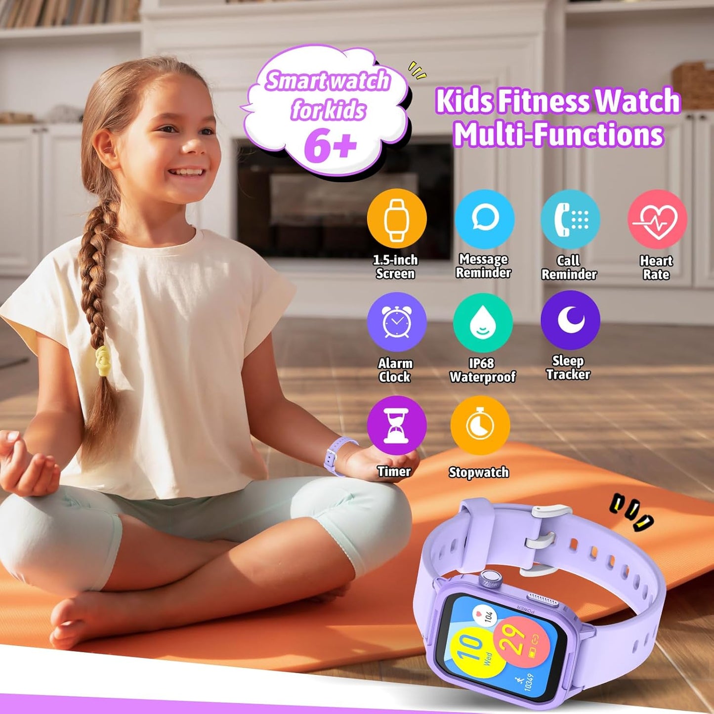 Smart Watch for Kids No Phone Needed, Tempered Glass Fitness Tracker Watch Boy Girl Teens with 19 Sport Modes, Pedometer, Sleep Monitor, Kids Watch Birthday Gifts Toy Gift for Girls Boys 6-16 (Purple)