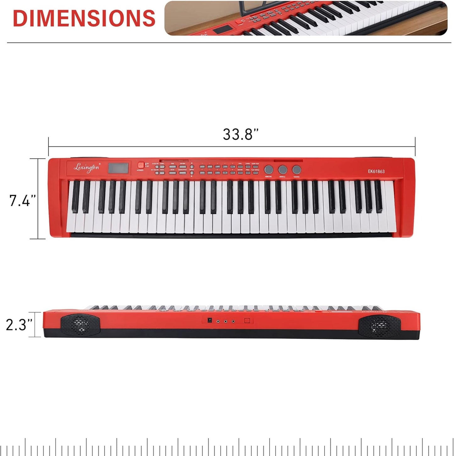 Lexington 61 Key Keyboard Piano, Complete Electronic Piano Keyboard Set for Beginners Adults, Portable Music Keyboard with Lighted Keys, Teaching Modes, Stand, Case, Microphone (61-Key Red)