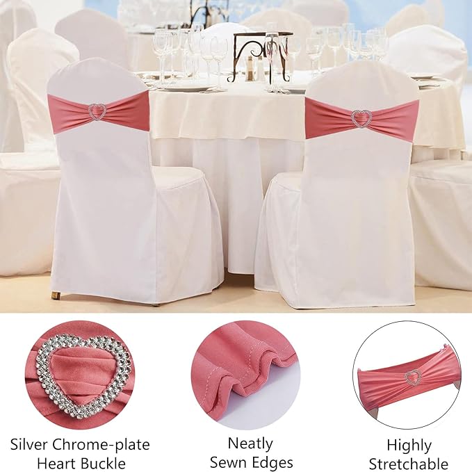 Coral Red Chair Sashes 25 Pack Spandex Coral Red Sashes for Chairs Covers Universal Stretch Chair Sashes Band with Heart Buckle Slider Universal Sashes Bows for Wedding Banquet Party Decorations