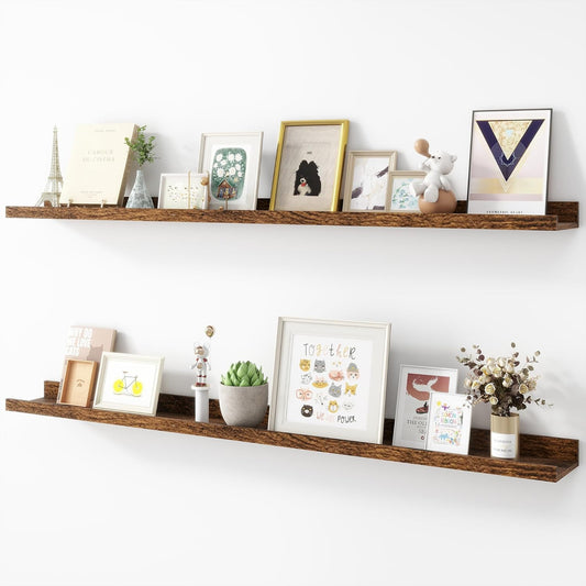 Picture Ledge Shelf, Wood Long Floating Shelves for Wall, Set of 2, 48 inch Picture Ledge Shelves, Photo Ledge Nursery Book Shelves Wall Mounted for Living Room Kids' Room Bedroom, Color Brown