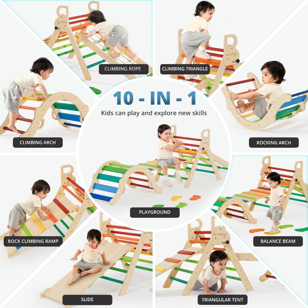 BlueWood 10-in-1 Pikler Triangle Set, Toddler Climbing Toys Indoor, Montessori Climber, Baby Jungle Gyms with Arch, Extra Rope Ladder & Footprint Balance Beam - Neon Aurora