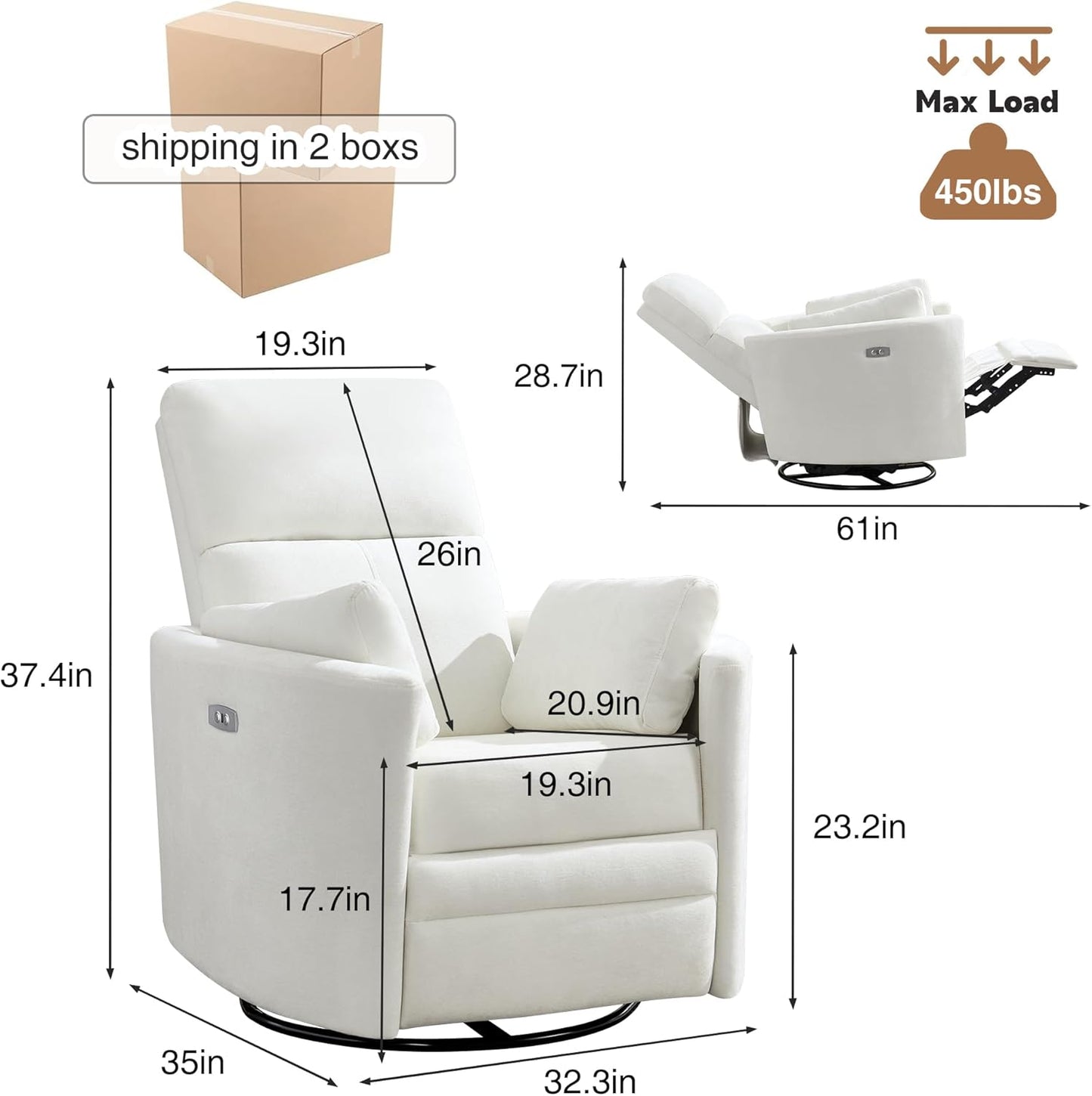 Power Recliner Swivel Rocking Glider, Upholstered Electric Rocking Adult Recliner with USB Port,Nursery Rocking Chair with 2 Pillows Living Room Bedroom (White, Power-Driven)