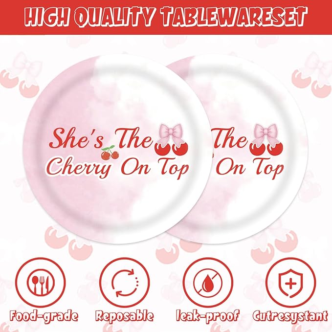 40pcs Cherry Birthday Decorations Bow Cherry Themed Plates and Napkins for Fruit Cherry Theme Birthday Baby Shower Table Decorations,for 20 Guests