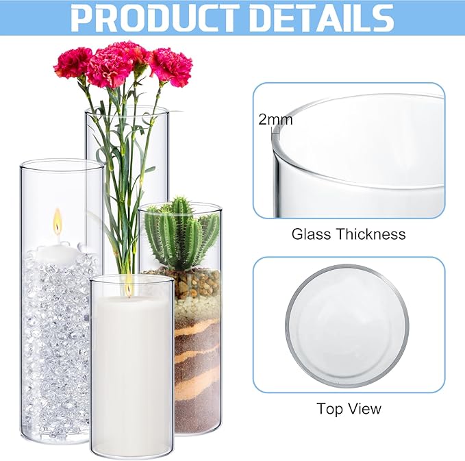 Sawysine 8 Pcs Glass Cylinder Vases 2.5''/2.95''/3.9'' Diameter Clear Flowers Vase Hurricane Floating Candles Holders for Table Centerpieces (2.95 x 6 in,2.95 x 8 in,2.95 x 10 in,2.95 x 12 in)