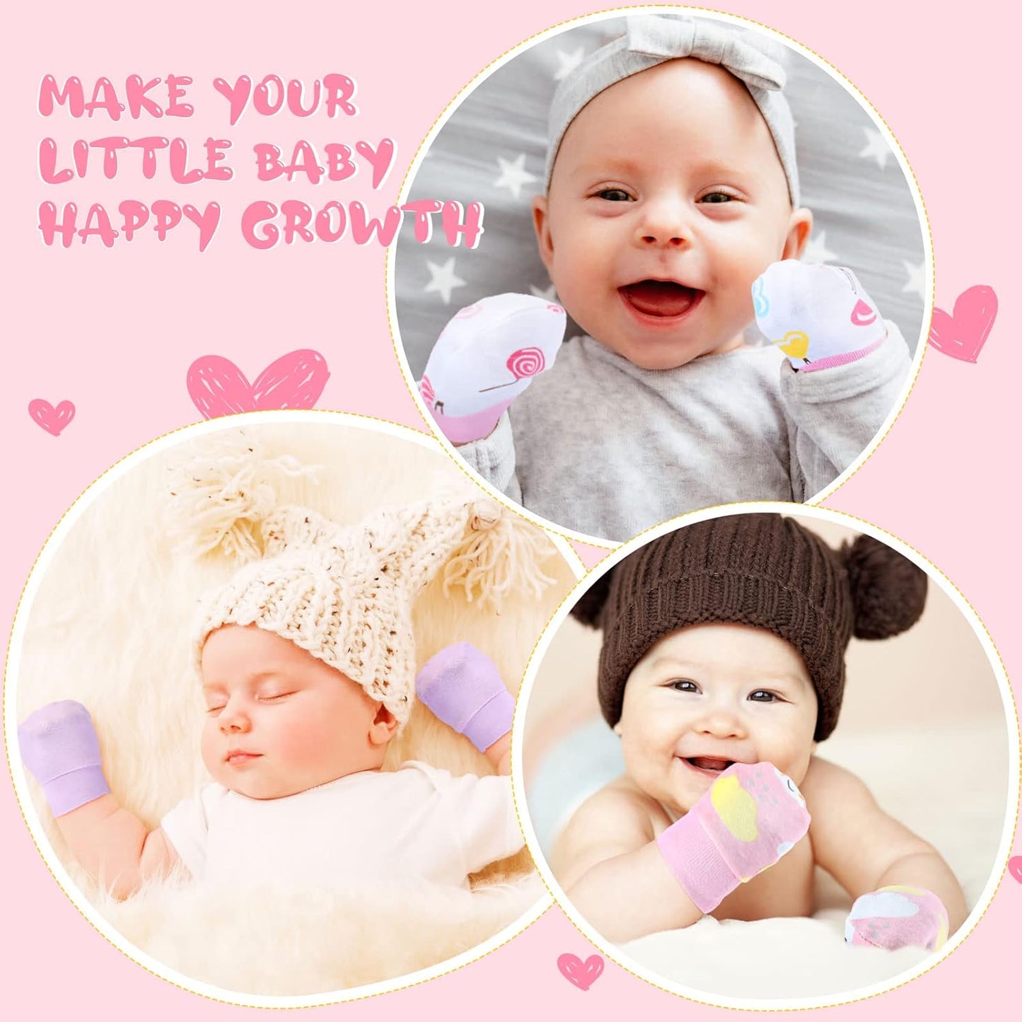 6 Pairs Newborn Baby Mittens No Scratch Gloves Infant Toddler Anti Scratch Essentials Unisex Cotton for 3-9 Months Girls Boys(Pink Series, Cute)