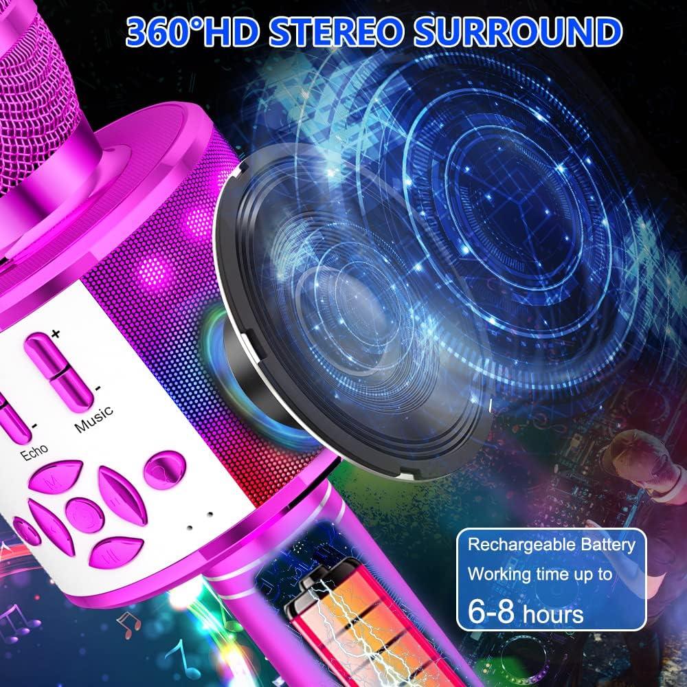 Amazmic Kids Karaoke Microphone Machine Toy Bluetooth Microphone Portable Wireless Karaoke Machine Handheld with LED Lights, Gift for Children Adults Birthday Party, Home KTV(Purple)