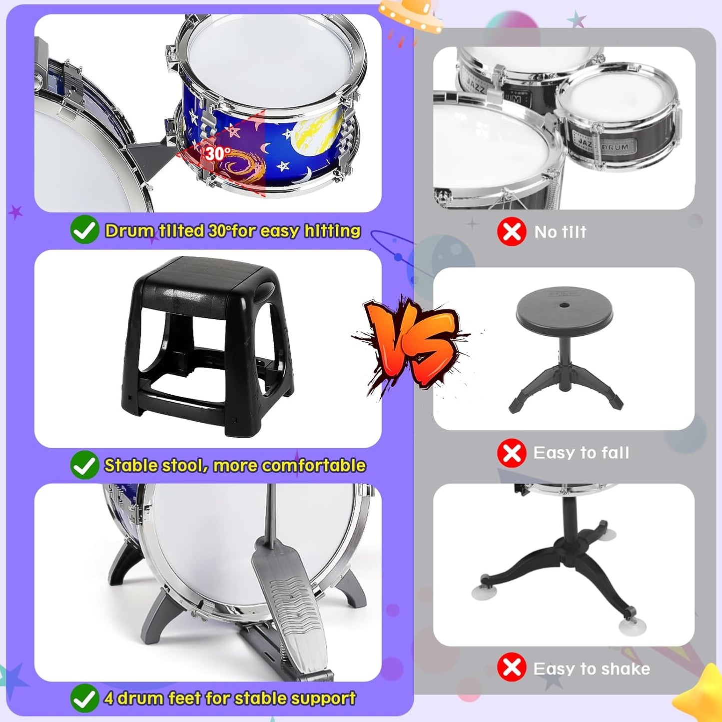 M SANMERSEN Upgraded Kids Jazz Drum Set Toddler Toy Drum Set with Stool, Plastic Rock Jazz Drum Kit Musical Toys Gift for Boys Girls 1-3 3-5