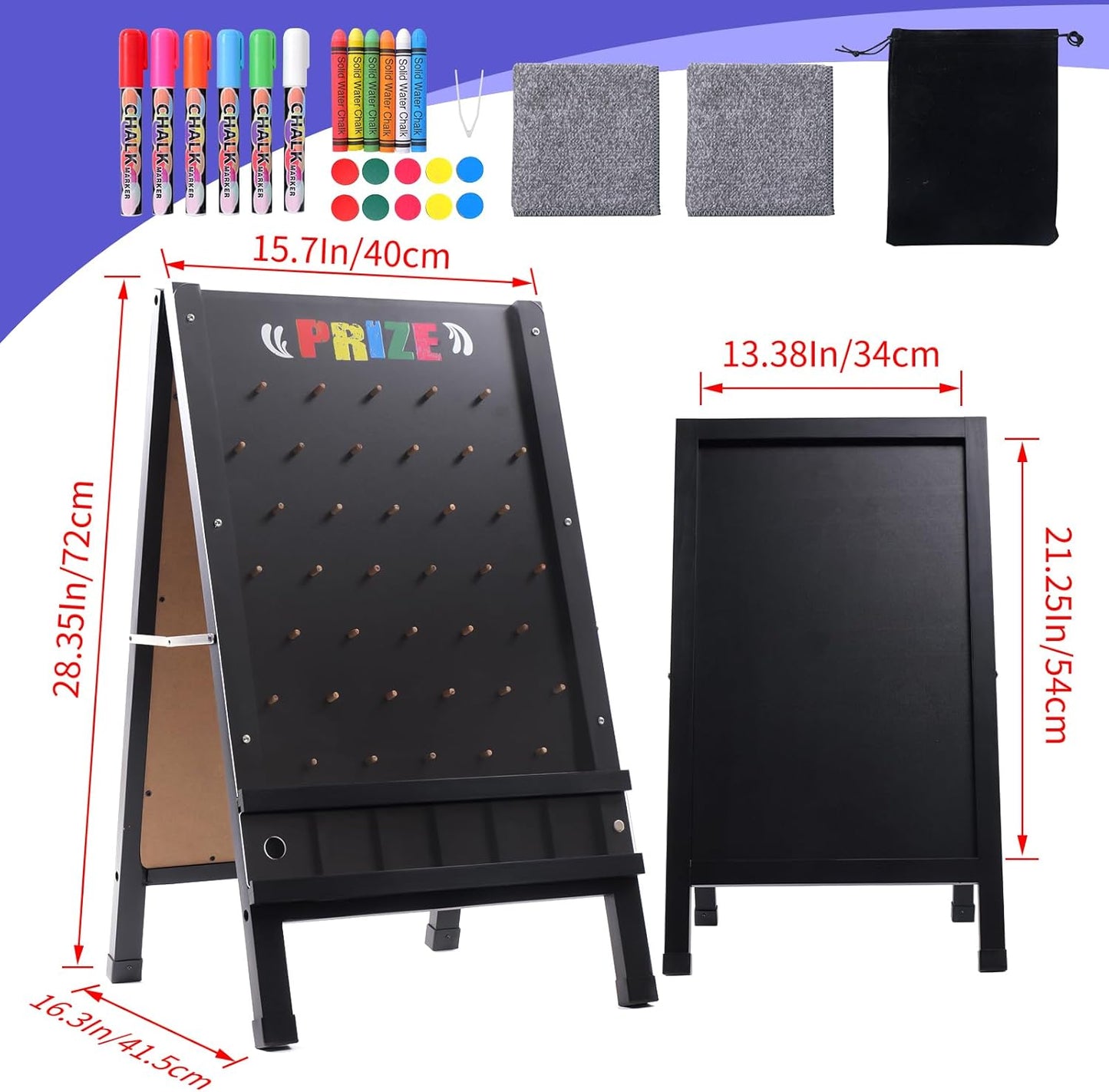 Prize Drop Game Board, 15.7"X27.5" Double-Sided Foldable Design with Wooden A-Frame Chalkboard Sign for Family, Carnival, Trade Show & Party-Includes 10 Coin Drop Discs and Chalk Set, Portable Design