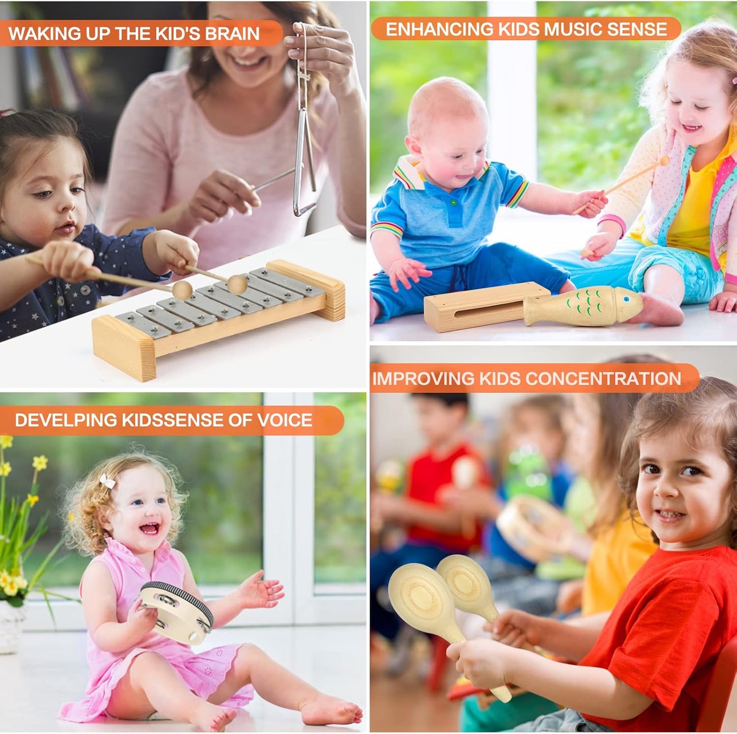 Kids Musical Instruments,100% Natural Wooden Music Percussion Toy Sets, 23 Pcs Tambourine Xylophone Toys for Kids, Girls Boys Preschool Education Early Learning Musical Toys with Bags