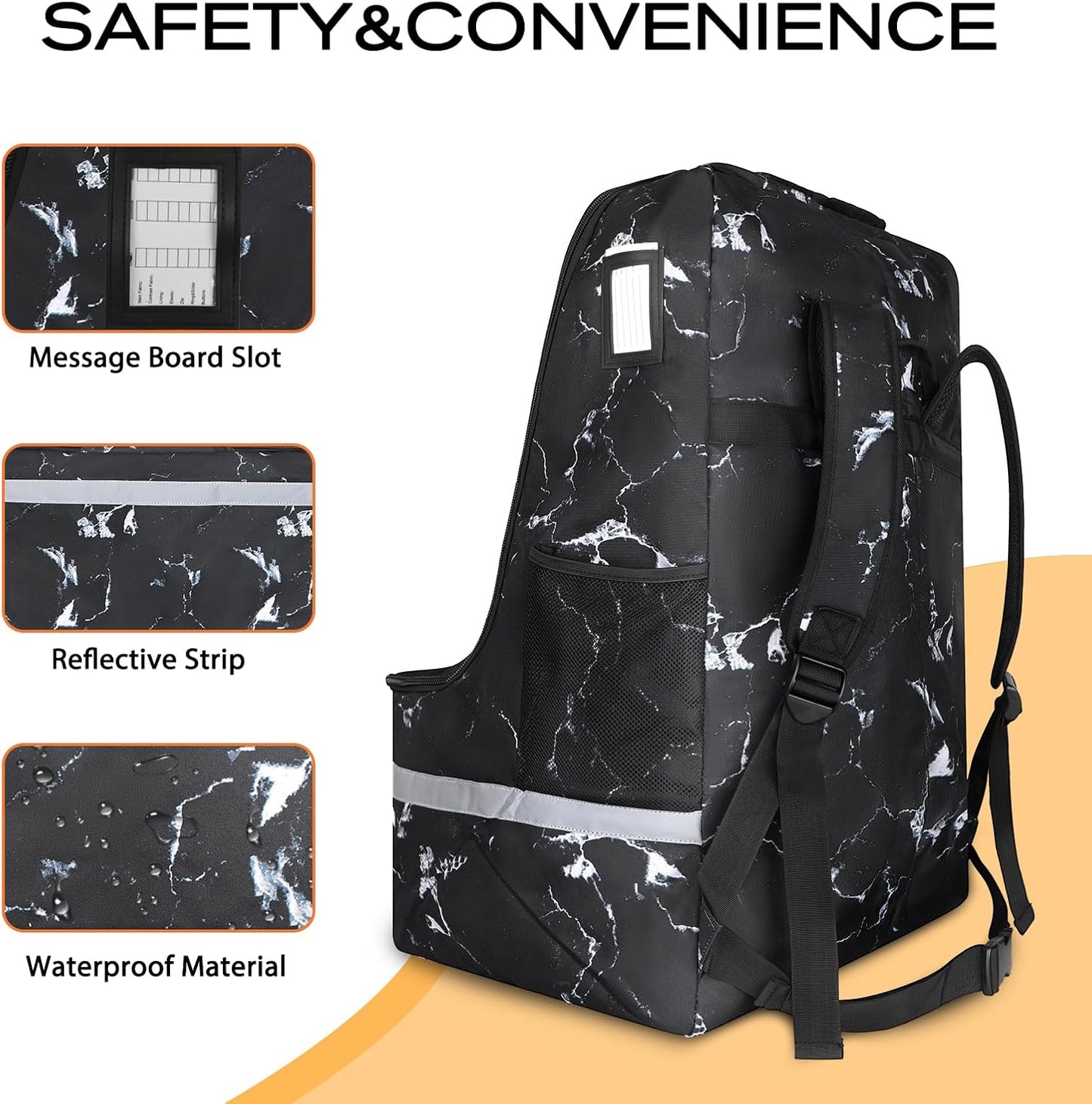 Car Seat Travel Bag for Airplane,Infant Seat Travel Bag with Shoulder Strap,Padded Car Seats Backpack with Reflective Stripes,Large Carseat Carrier Bag Travel Car Seat Cover, Black marble