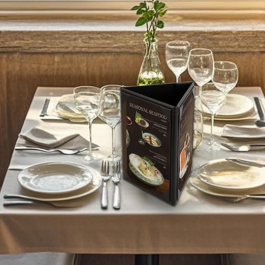 Menu Covers - Set of 10 Double-Sided Table Tent Cards for Restaurant, Dinner Party, and Bar Menus - Includes Bill Holder and Reserved Seating Signs - Easy to Clean and Foldable (10, 4"x6"Trifold)