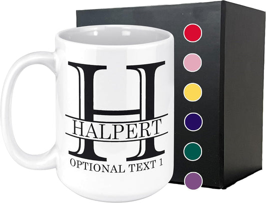 Personalized Monogram Ceramic 15oz White Coffee Mug with Custom Text and Name Initials, DYE Halpert, Taza para Cafe Personalizadas, Customized with Back Options, Custom Gifts Men, Gifts for Women