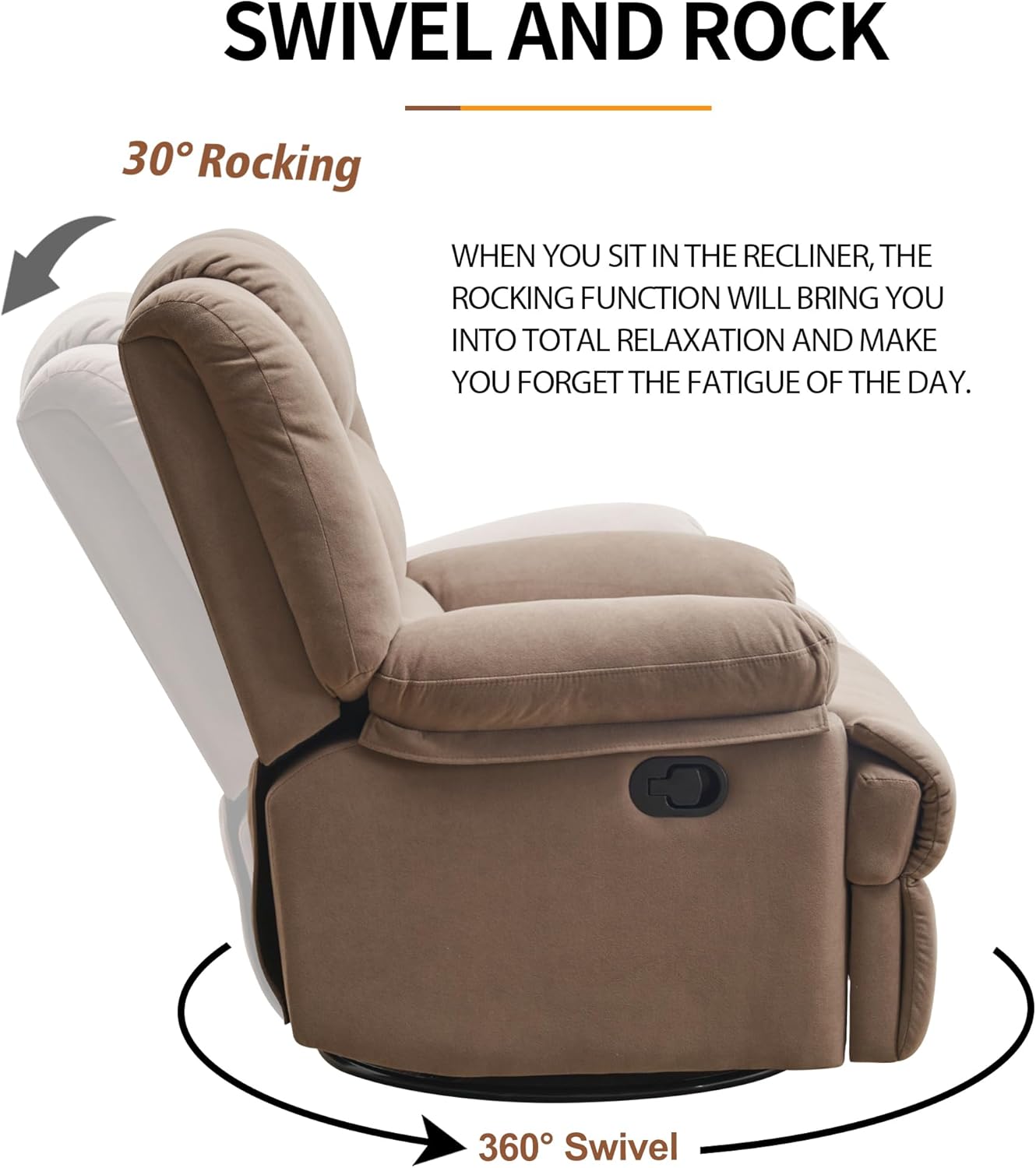 Swivel Rocking Recliner Chair for Adults, Overstuffed Manual Glider Rocker Recliner Chairs, Upholstered Reclining Single Sofa for Living Room Nursery (Mocha)