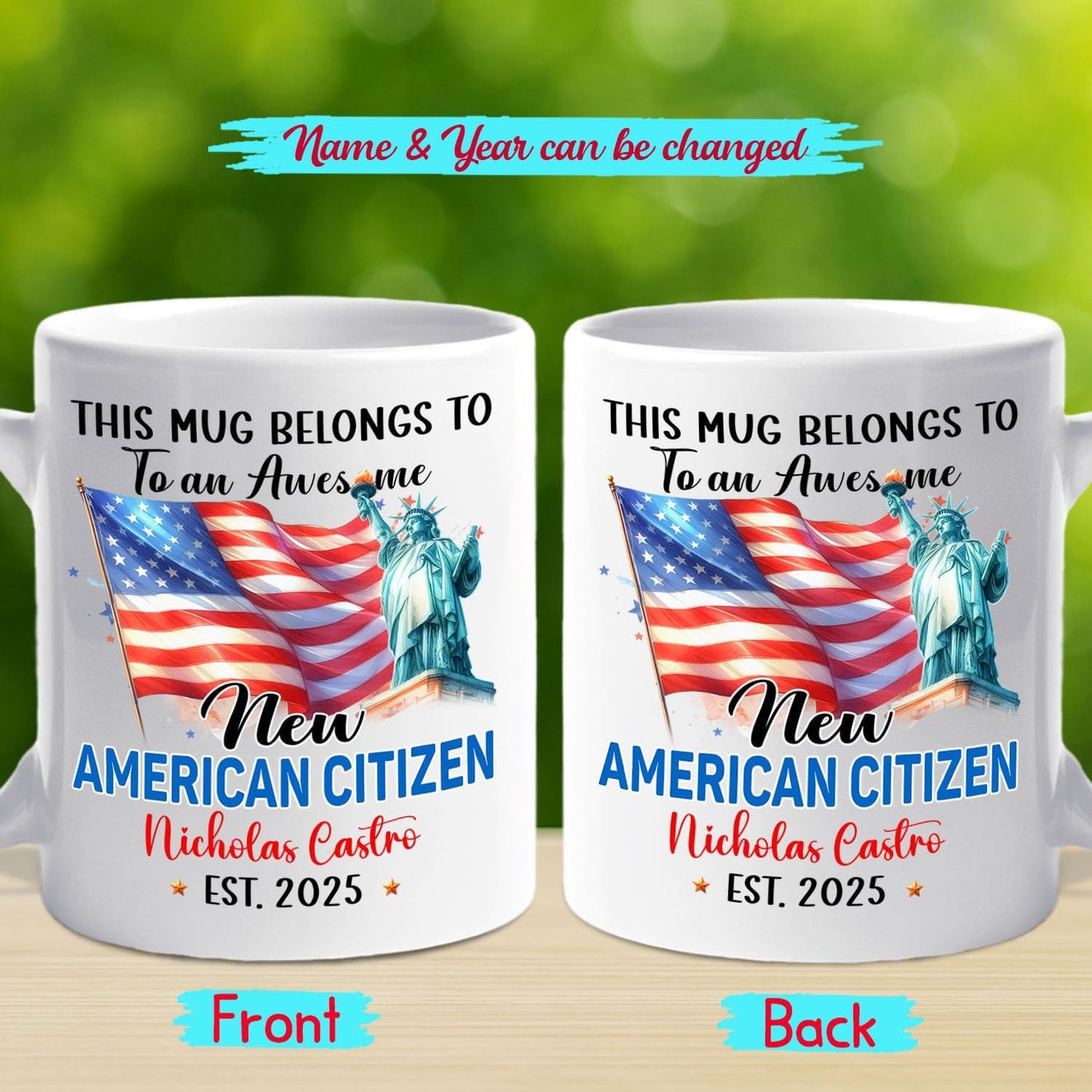 Personalized USA Flag White Mug Gift For New US Citizen on Citizenship Celebration, This Mug Belongs To An Awesome New American Citizen Cup, Customized Year & Name US Citizenship Coffee Cup 11 15Oz