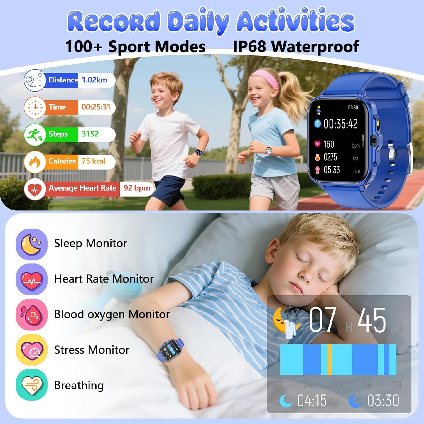 Smart Watch for Kids, 1.85" Fitness Tracker Pedometer Watch, Health, Sleep Monitor, Puzzle Games, Alarm Clock, Camera, Music Player, Torch, Activity, Gift Toys for 4 - 13 Years Old Boys and Girls