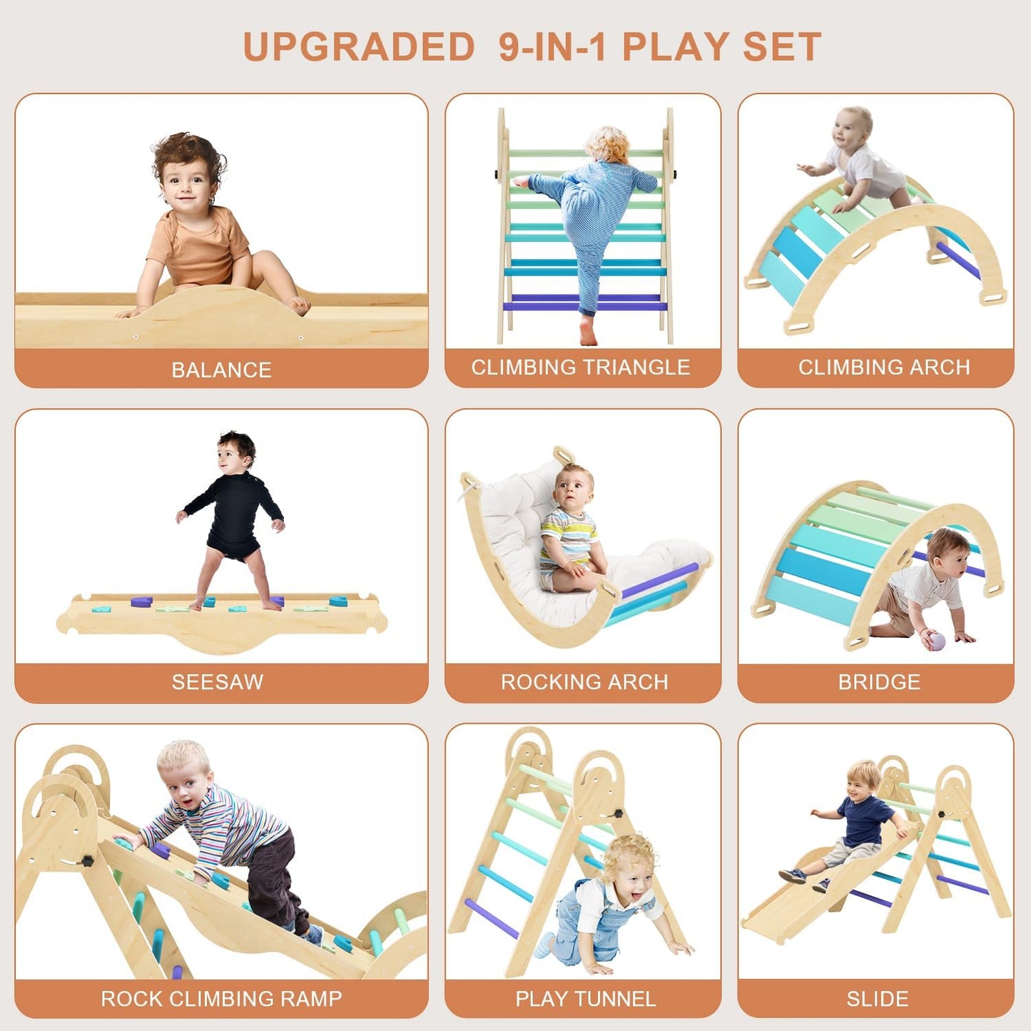 Pikler Triangle Set with Cushion, Montessori Climbing Set, Indoor Climb Toys, Indoor Playground Jungle Gyms, 9 Combinations Climbing Toy Set for Toddler, Baby, Kids 1-4