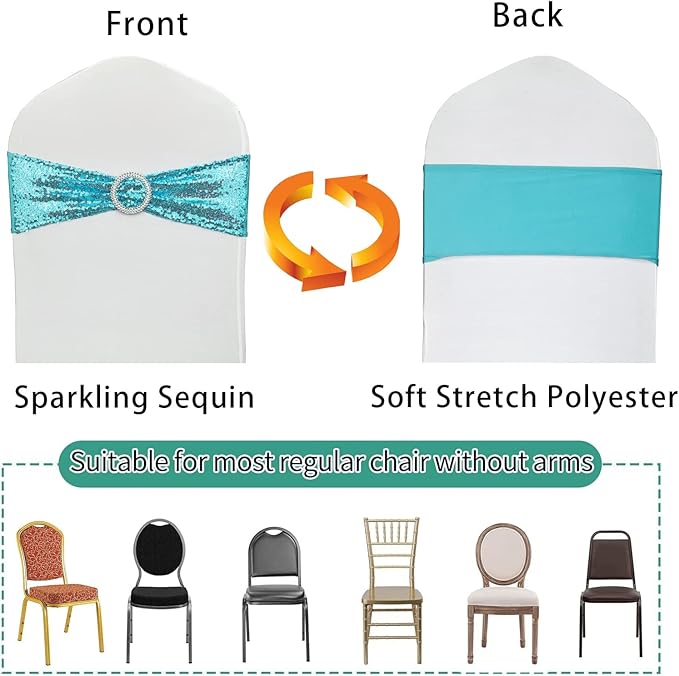 50 Pcs Sequin Chair Sashes Stretch Chair Bands Spandex Polyester Bows for Party Hotel Wedding Banquets Decoration - Aqua