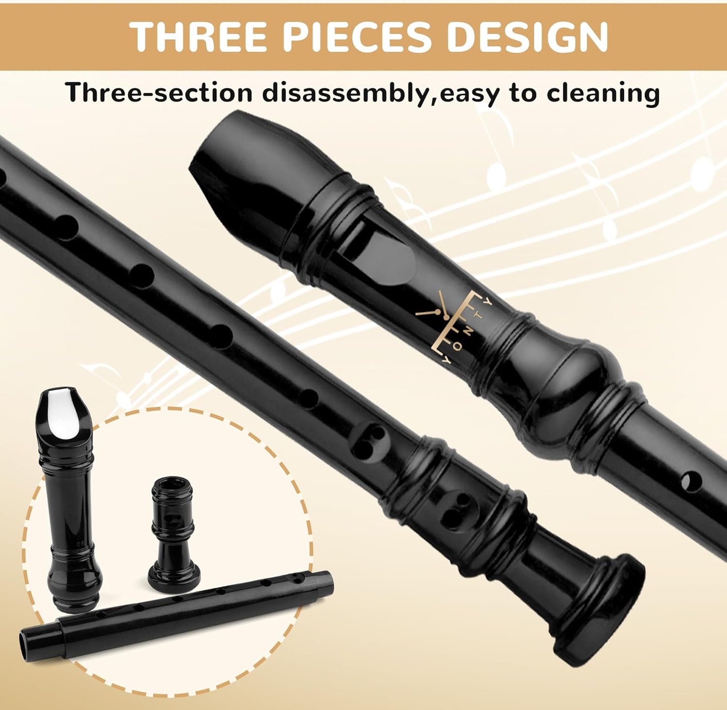 Soprano Recorder 8-Hole Instrument for Kids Beginners, German Style C Key Kids Flute with Cleaning Rod & Case Bag for School Education Home Entertainment - Black