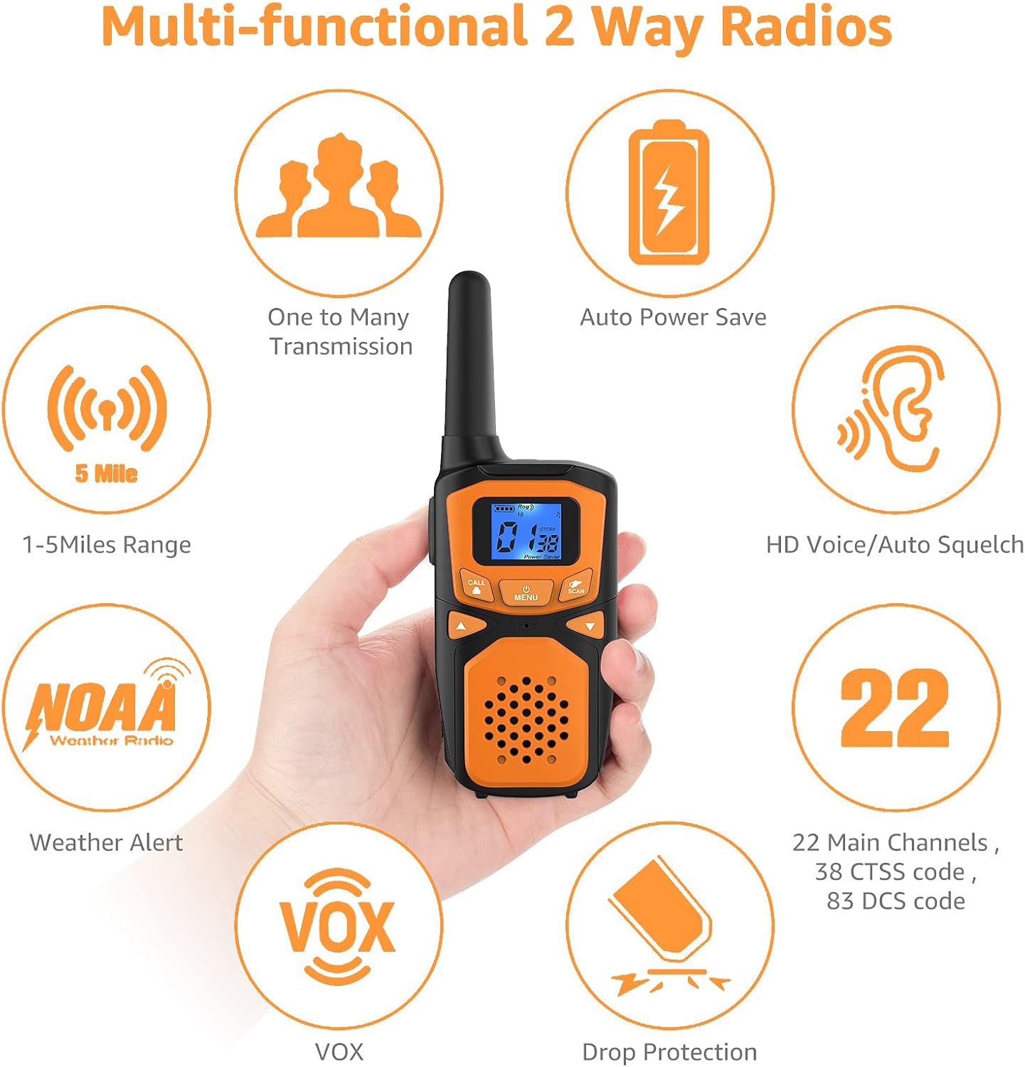 WokTok Rechargeable Long Range 2 Pack Walkie Talkies - 22 Channels VOX Scanning LCD Display - Ideal for Family Camping and Hiking