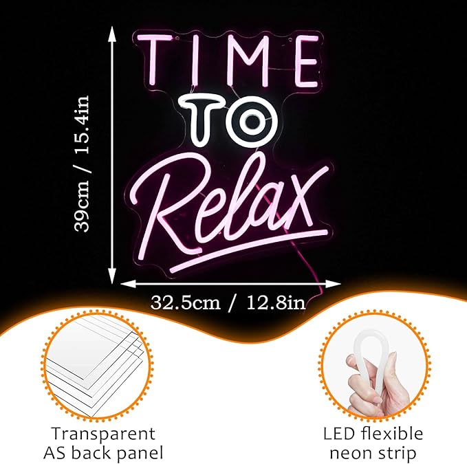 Time To Relax Neon Sign Pink White Letter Led Neon Lights Wall Decor Dimmable Relax Light Up Signs USB Powered with Switch Neon Signs for Spa Massage Bedroom Decor Bar Party Wedding