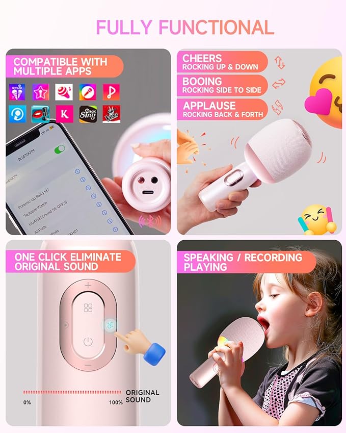 Wireless Bluetooth Karaoke Microphone, 5-in-1 Portable Handheld Mic Speaker with Dynamic Lights, Karaoke Microfono for Car Travel Home Party, Music Record, Duet Singing Gifts for Adults Kids (Pink)