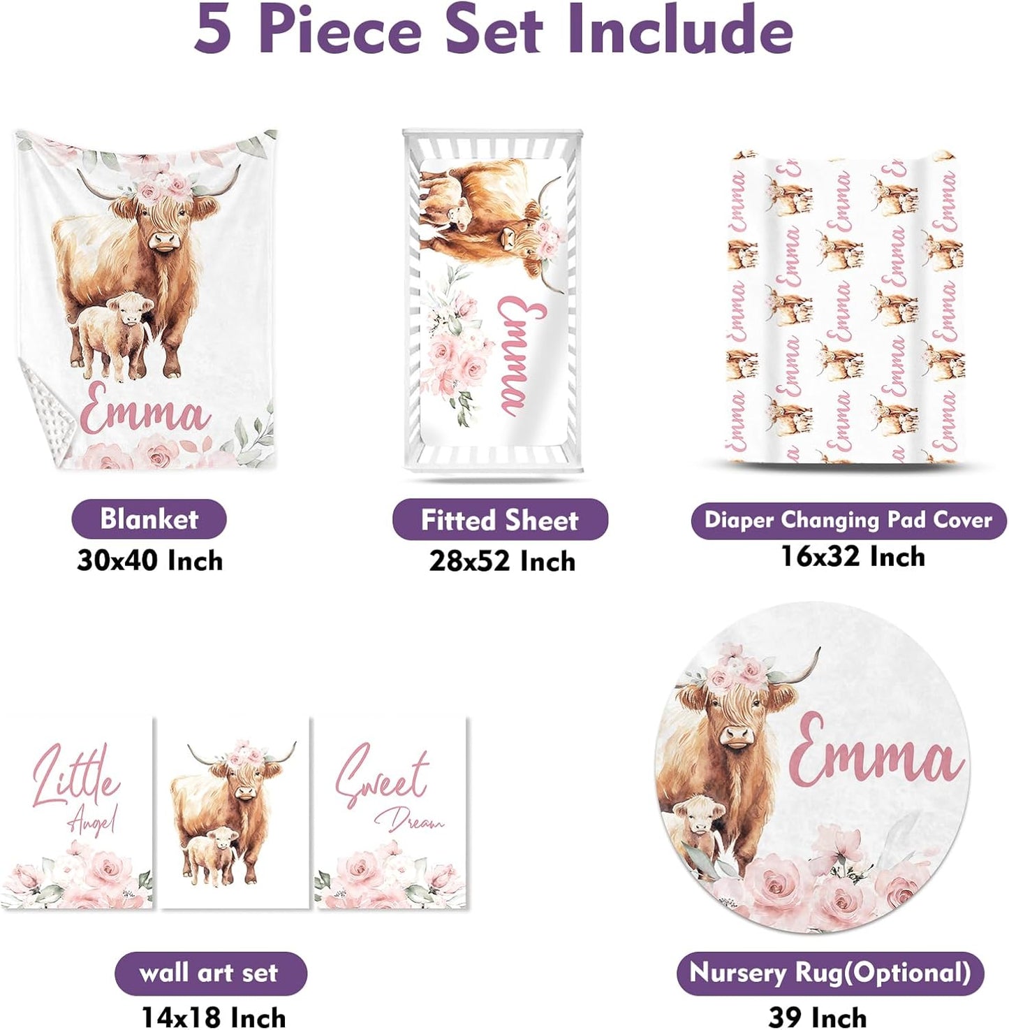 Personalized Baby Crib Bedding Set for Baby Girls, Pink Highland Cow Pattern Custom Name Baby Crib Sets 5-Pcs, Toddler Double Layer Blanket Fitted Sheets Changing Pad Cover Rug Wall Art Set