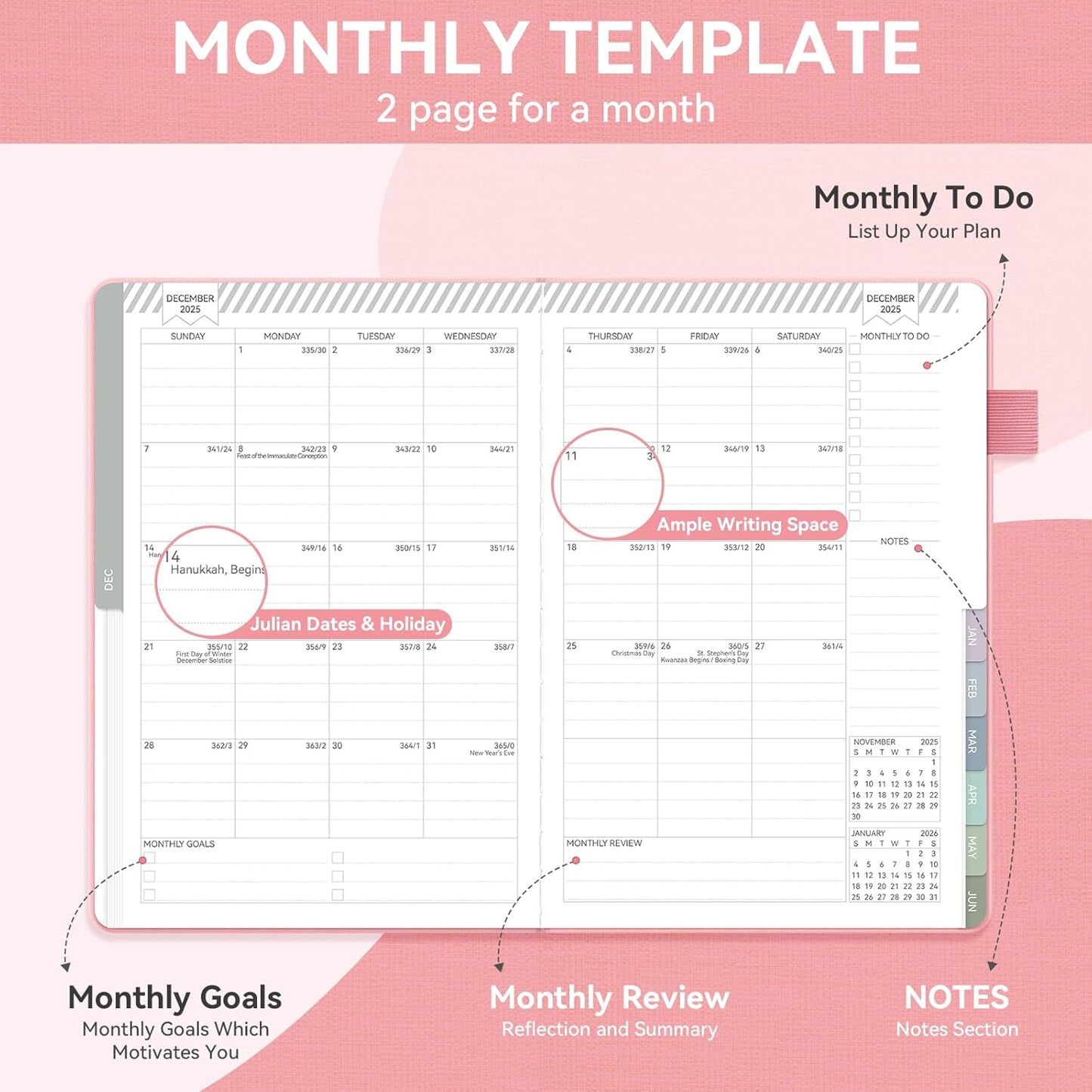 Getink 2025-2026 Linen cover Planner Weekly & Monthly Daily Agenda Book,2025-2026 To Do List Notebook with Colorful Monthly Tabs, Inner Pocket, Elastic Closure (Pink,5.5 * 8.5)
