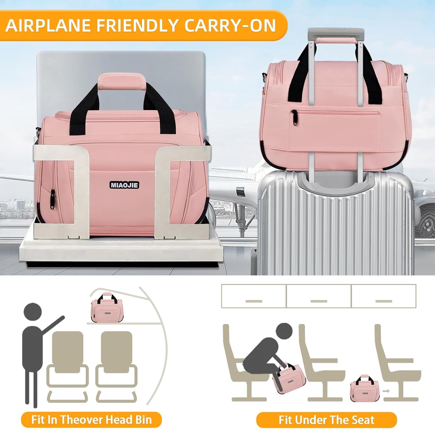 Underseat Carry On Luggage - Lightweight Travel Tote Weekender Bag Overnight Duffle for Travel, Personal Item - Pink-16Inch