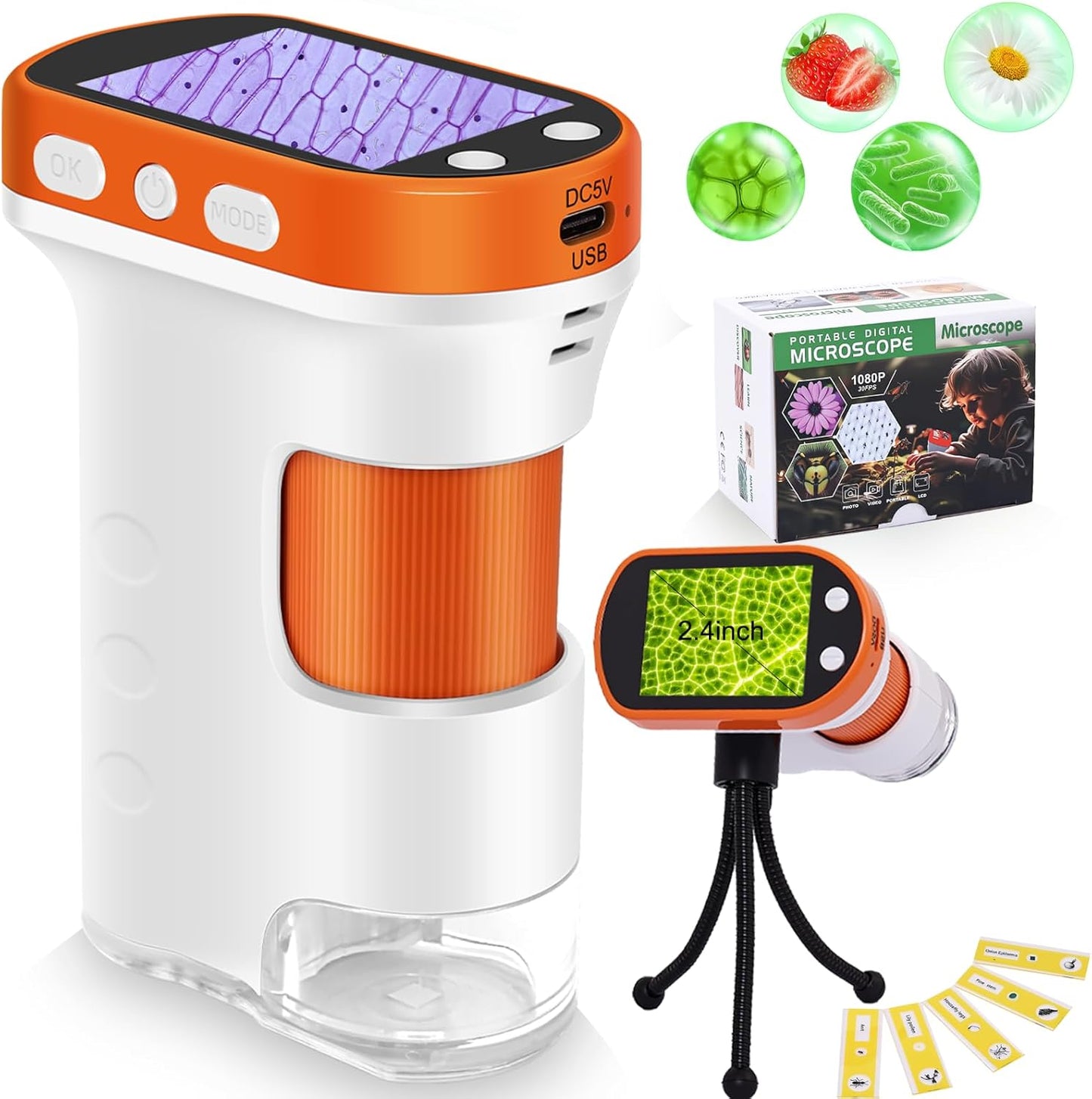 Microscope for Kids 1000x Magnification, 2.4-inch ScreenPocket Microscope with Photo and Video Recording (with Slide Kit) Portable Educational Gift