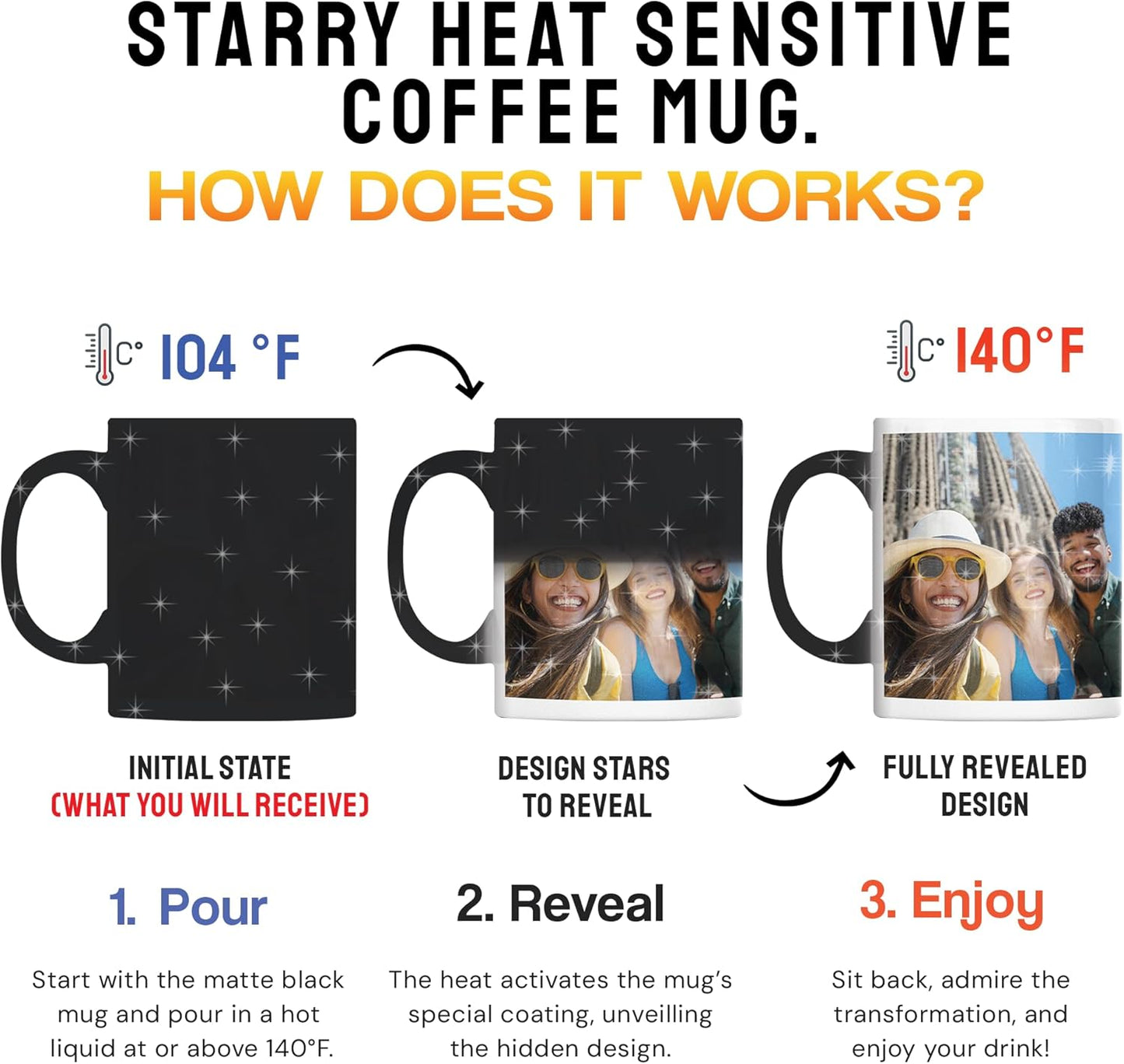 Personalized Coffee Mug – Custom Photo, Text, or Logo Ceramic Magic Mug Tea | Taza Personalizada with Heat Sensitive Color Changing Cup | Customized Gift Idea for Men & Women - Black Starry |11oz