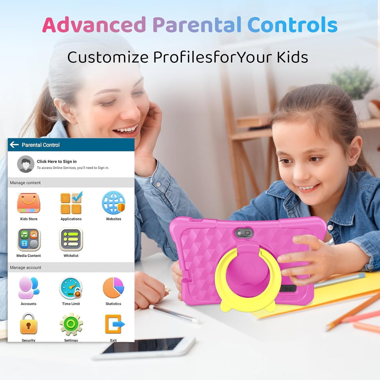 Kids Tablet, 7 inch Android 15 Tablet for Kids, 8GB+32GB 1TB Expand, Quad-Core Toddler Tablets with Shockproof Case, BT5.0, WiFi 5, Parental Control, Games, Dual Camera (Pink)