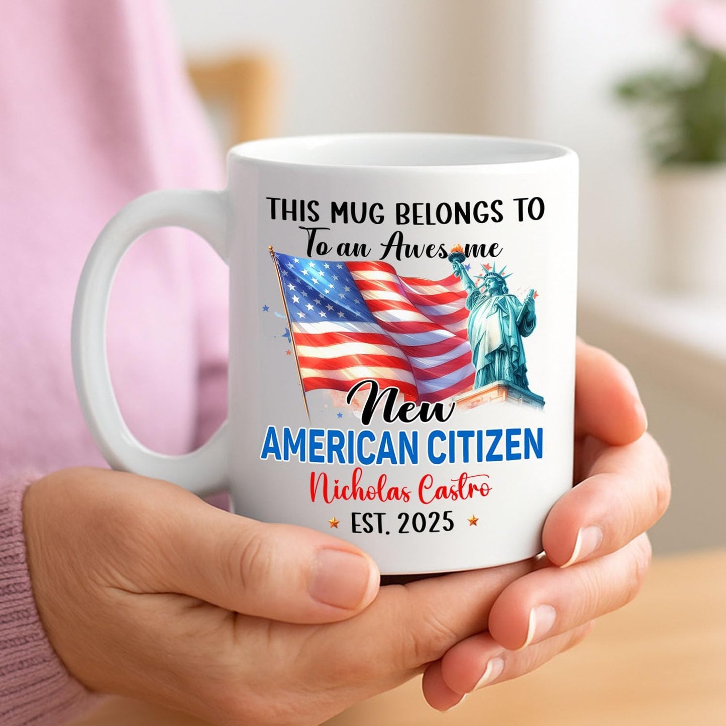 Personalized USA Flag White Mug Gift For New US Citizen on Citizenship Celebration, This Mug Belongs To An Awesome New American Citizen Cup, Customized Year & Name US Citizenship Coffee Cup 11 15Oz
