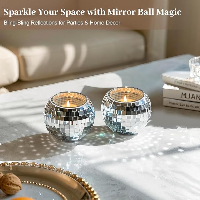Luditek Disco Ball Candle Holders, 12 Pcs Mirror Silver Decor for Christmas Birthday Wedding NYE Party Decorations, Glass Votive with Tealights for Home Table Centerpiece, Gifts for Women