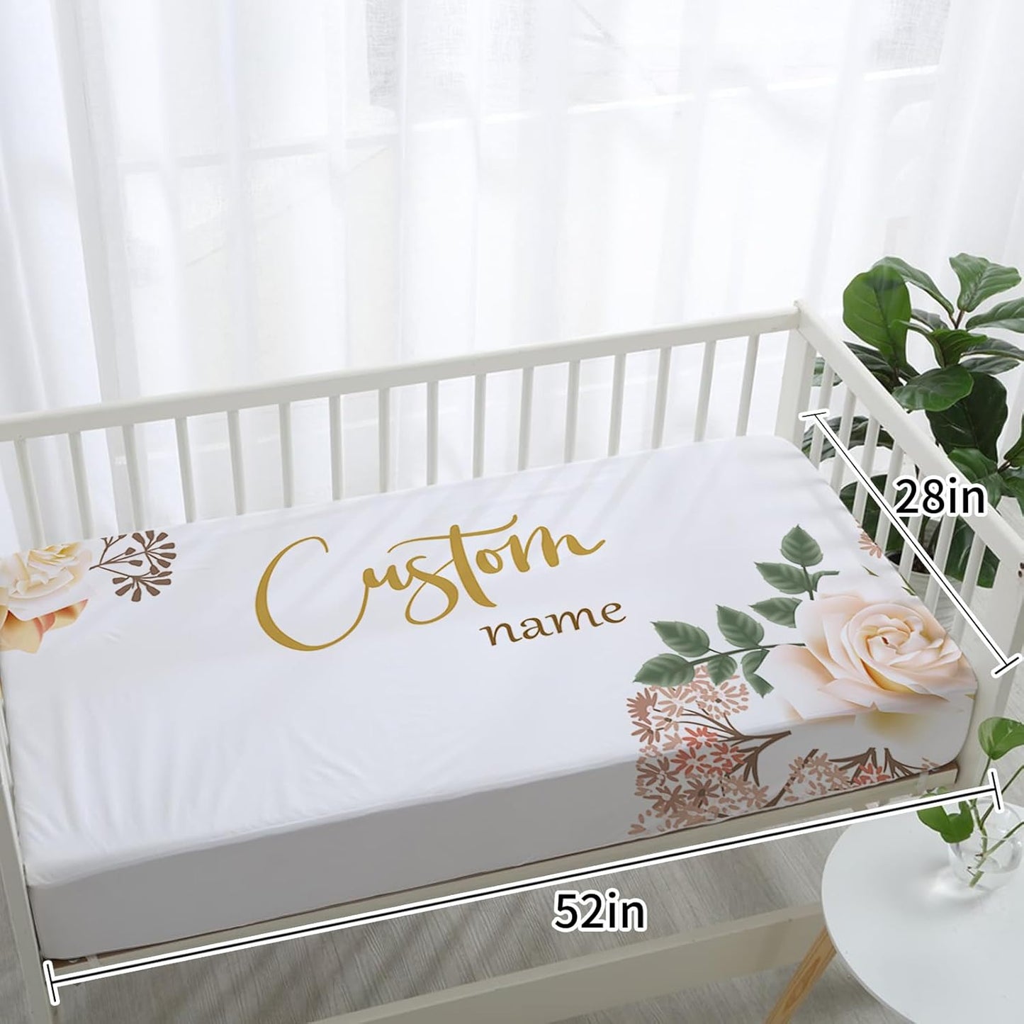 Personalized Baby Crib Bedding Set for Girls, Flower Design Custom Name Baby Crib Sets 5-Pcs, Toddler Double Layer Blanket Fitted Sheets Changing Pad Cover Rug Wall Art Set, Charming Nursery Decor