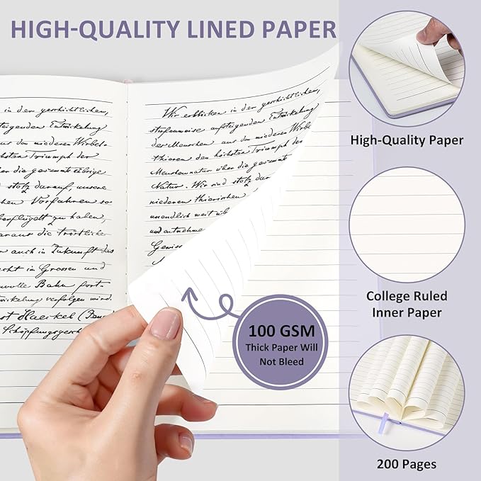 Lined Journal Notebook for Women Men, 200 Pages A5 Hardcover Leather Journals 5.7” x 8.3”, A5 College Ruled Notebooks with 100 GSM Thick Paper for Writing,Travel,School,Office,Work,Business(Purple)