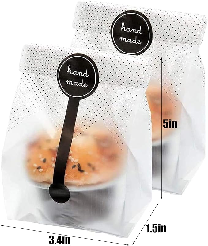 (200Pcs)100pcs Translucent Plastic Bags/Bakery Bags with 100pcs Hand made Stickers for Cookie Cake Chocolate Candy Snack Wrapping Good for Bakery Party Supplies