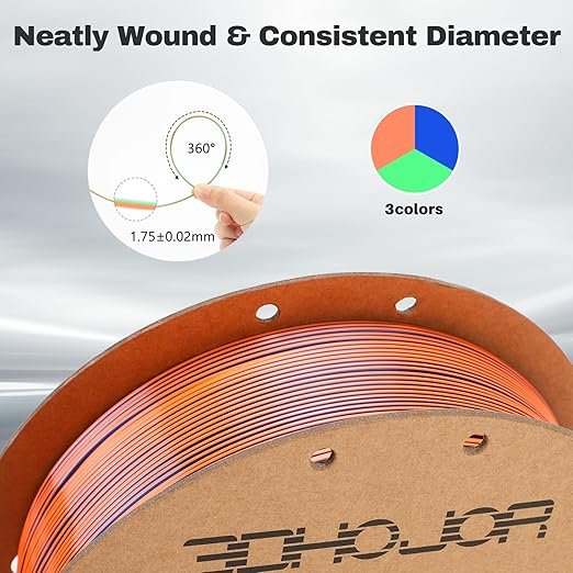 Silk PLA Filament 1.75mm Blue Orange Green Triple Color PLA 3D Printer Filament 3 in 1 Coextrusion 1KG Spool(2.2lbs) 3D Printing Filament Dimensional Accuracy +/- 0.03mm