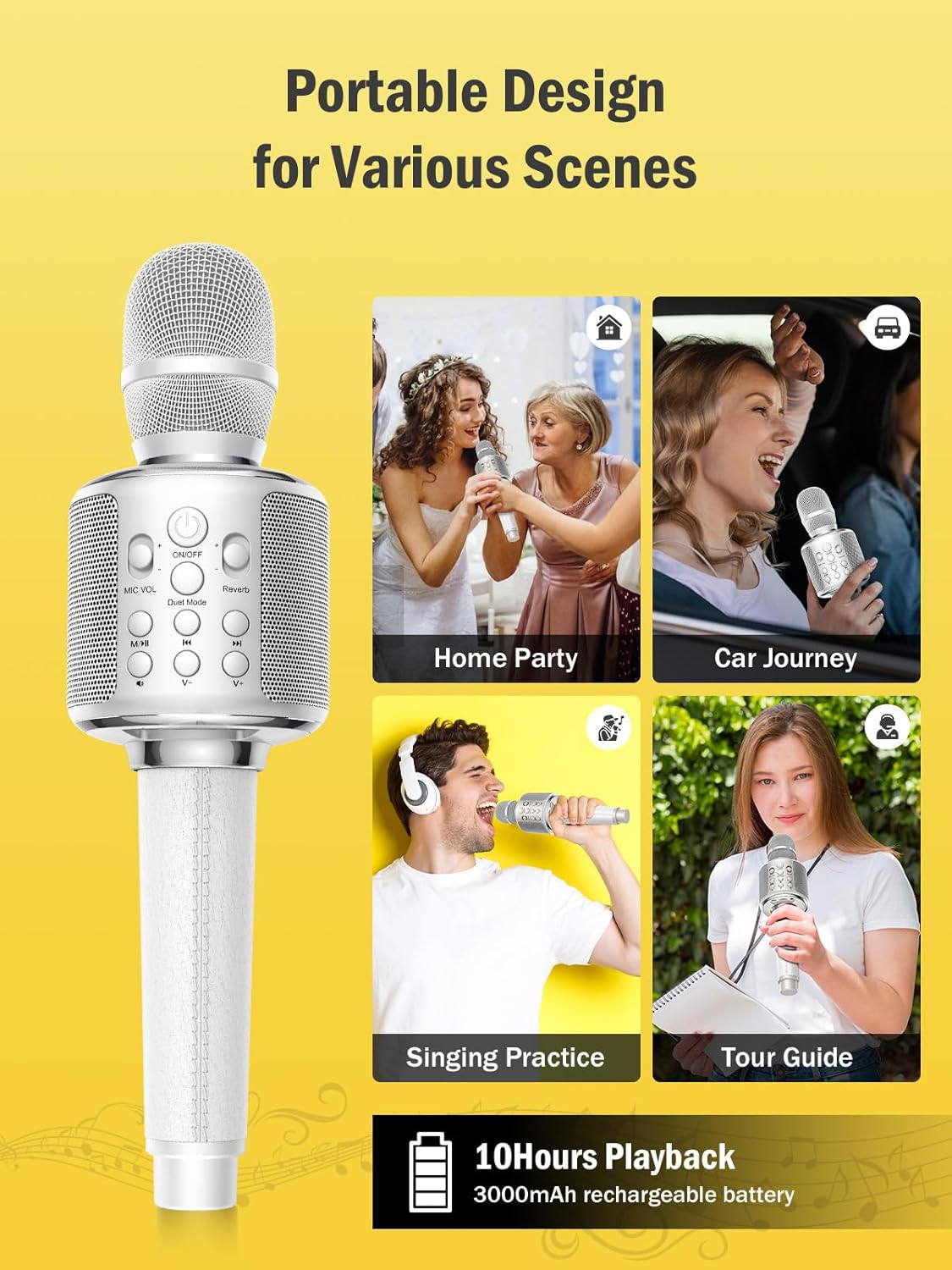 Wireless Bluetooth Karaoke Microphone, Built-in Loud Speaker for 10H Playback, Add Reverb/Duet Mode/Earbuds Monitoring, Portable Karaoke Machine for Entertainment & Singing Practice (White)
