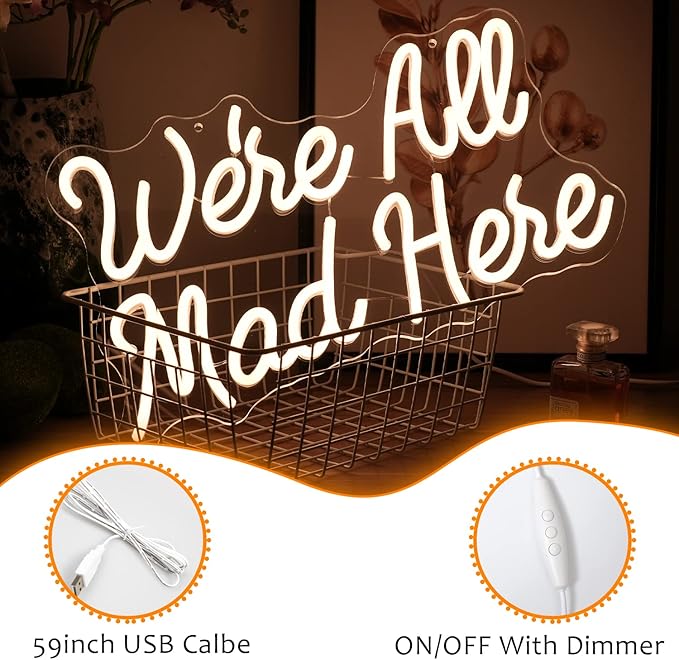 We Are All Mad Here Neon Sign Letter LED Neon Lights Dimmable USB Powered 16.5’’X9.4’’Cool Wall Decorative Light Bedroom Bar Birthday Party Decoration Gifts （Warm White）