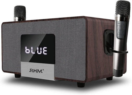 RHM K222 Karaoke Machine with 2 UHF Wireless Microphones & 5 Music Modes, Support Optical/Bluetooth/AUX/USB/PC, Wooden Home Karaoke Singing Machine for TV, Home, Karaoke, Singing Party, Christmas