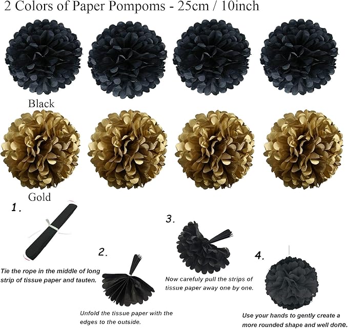 ZERODECO Party Decoration, 21 Pcs Black and Gold Hanging Paper Fans, Pom Poms Flowers, Garlands String Polka Dot and Triangle Bunting Flags for Birthday Parties Wedding Décor, Table & Wall Decorations