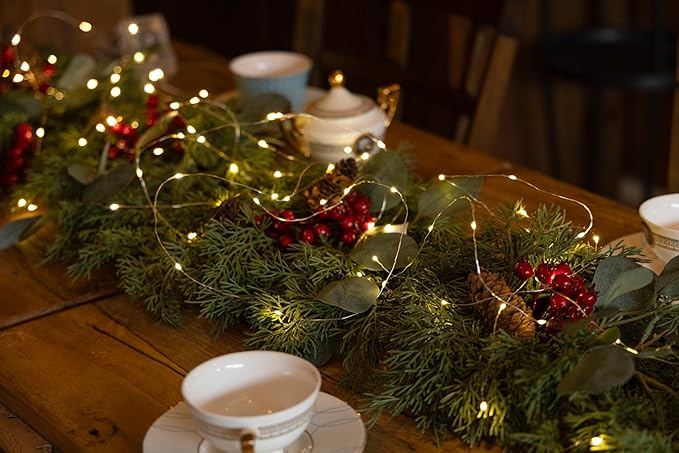 6.3FT Christmas 144 Branch Tips Cedar Garland with LED String Lights, Anna's Whimsy Seasonal Artificial Pine Cypress Garland, Holiday Indoor Outdoor Christmas Decor