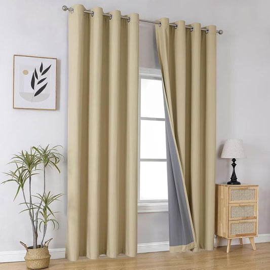 Joydeco 100% Beige Black Out Curtains 96 Inches Long 2 Panels Set, Blackout Curtains 96 Inches Long for Bedroom Windows, Solid Thermal Insulated 96 Inch Black Out Drapes 2 Panels for Livingroom
