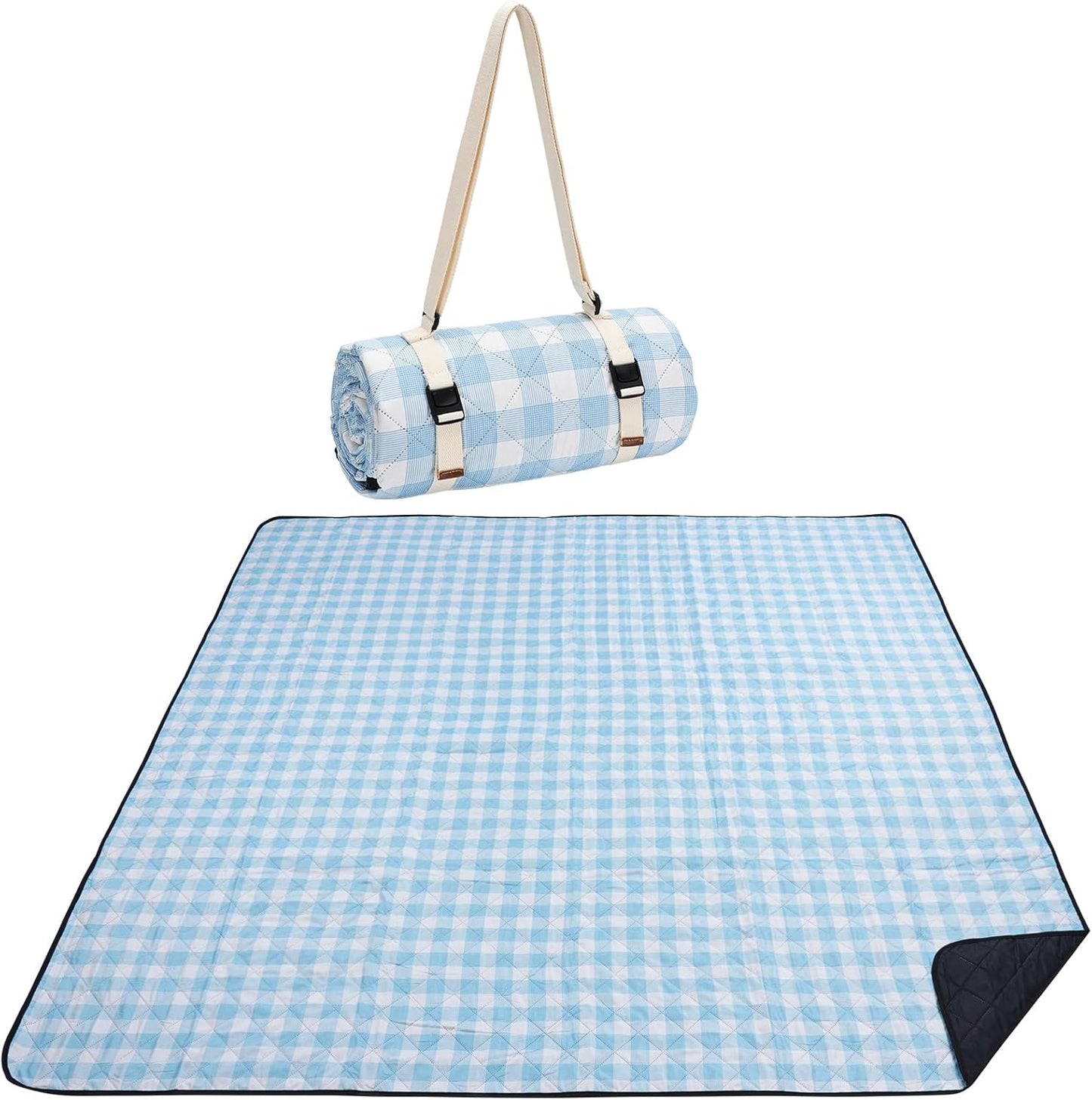 Picnic Blanket, 80''x80'' Waterproof Outdoor Blankets, Picnic Mat Washable for Beach, Picnic Blankets for Camping on Grass with Shoulder Strap - Blue & White