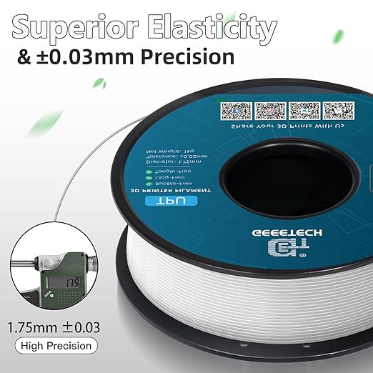 Geeetech TPU Filament 1.75mm, Shore 95A – Flexible 3D Printer Filament with High Elasticity, 1KG (2.2lbs) Spool, Dimensional Accuracy ±0.03mm, Fits Most FDM Printers (White)