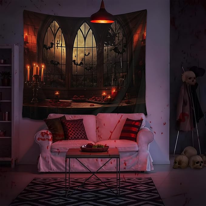 QGHOT Halloween Tapestry Wall Hanging Horror Castle Window Tapestry Gothic Spooky Backdrop Vampire Medieval Tapestries for Bedroom Living Room Dorm Wall Art Decor (59.1"x51.2")