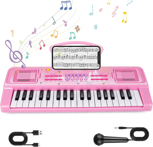 Kids Keyboard Piano, 37 Keys Keyboard Electric Digital Piano, Early Learning Educational Musical Toys Piano for Kids Toddlers Beginners with Music Stand, Microphone - Christmas Birthday Gifts, Pink