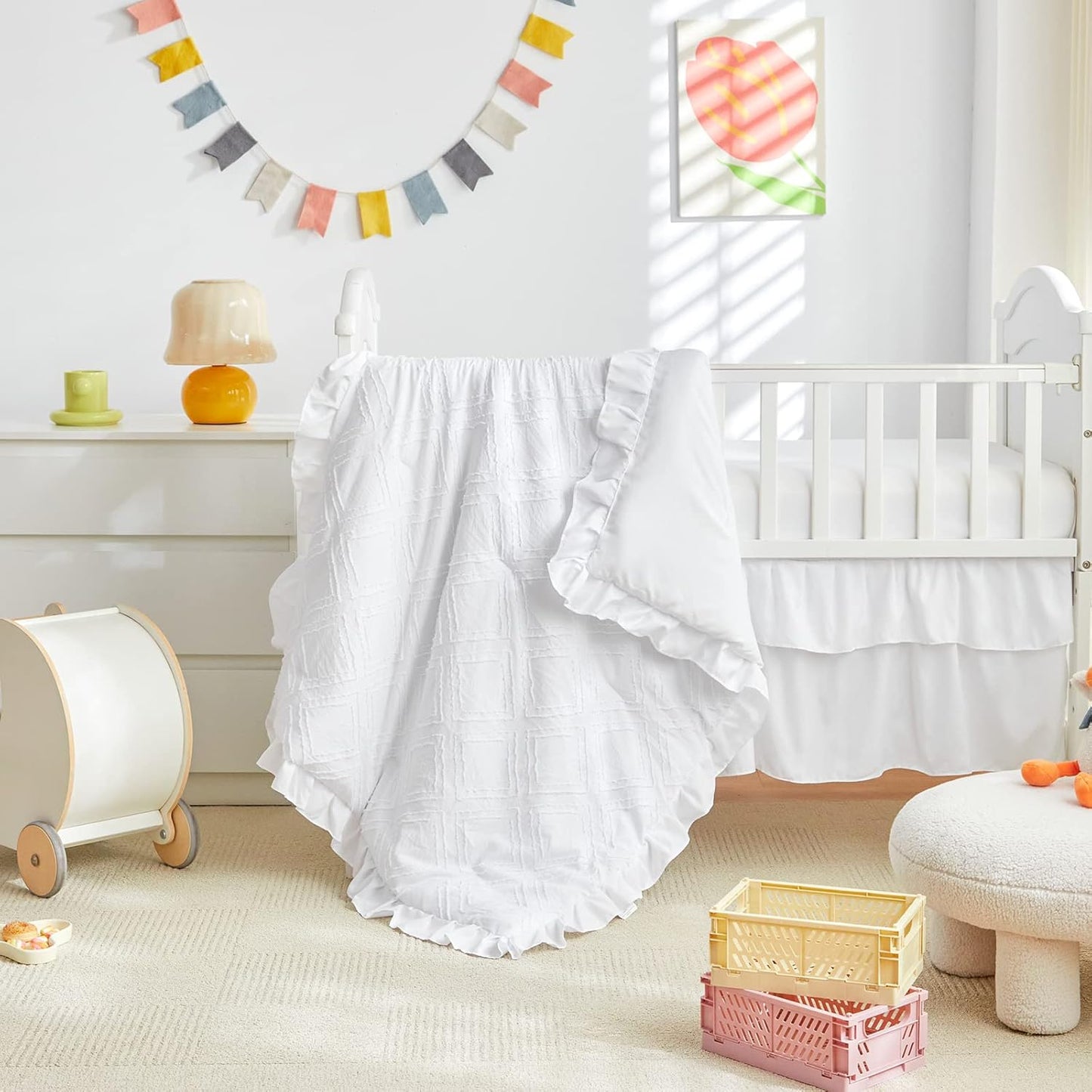 Mini Crib Bedding Set 3 Pieces Baby Boho Quilted Tufted Ruffles Comforter with Fitted Sheet and Ruffled Bed Skirt - Cute Shabby Baby Bedding Fits Mini Crib Only White